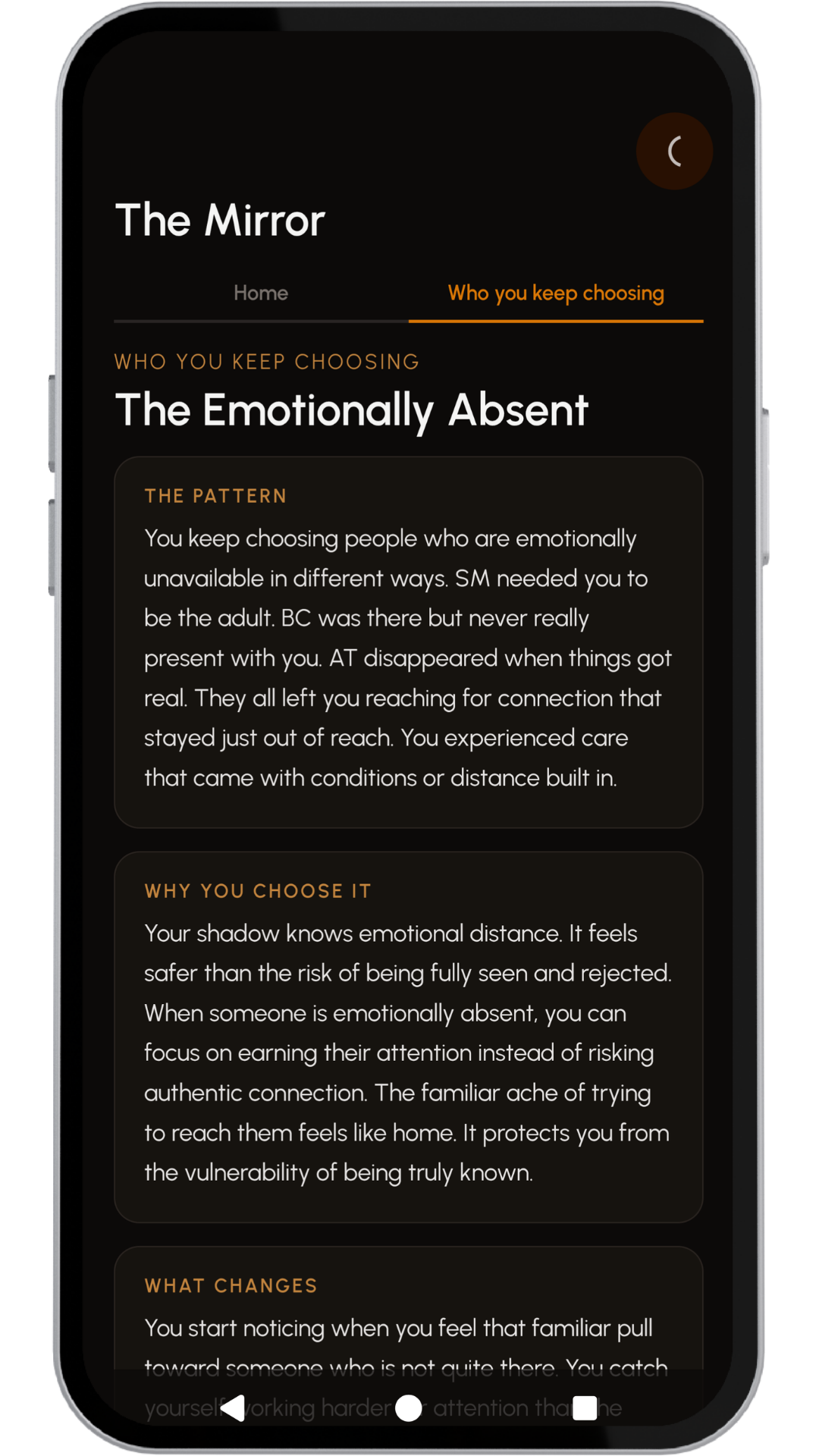 Mindberg Relationship Mirror screen for examining recurring relationship patterns
