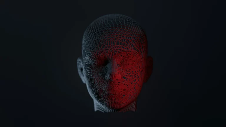 Wireframe human head lit with red light